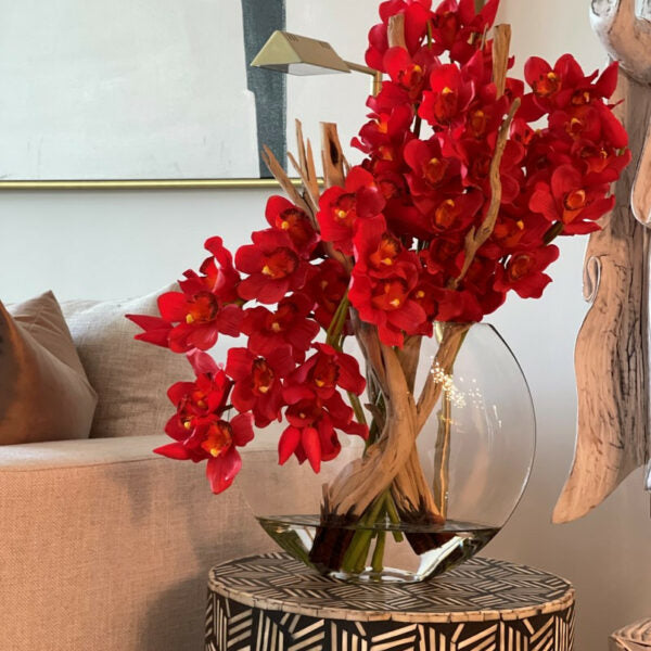 Rote Cymbidium-Orchideen im Moon-Pflanzgefäß